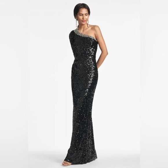 SACHIN & BABI Greta Gown Elegant Black Sequin One-Shoulder Dress/ size 6 - Picture 3 of 10